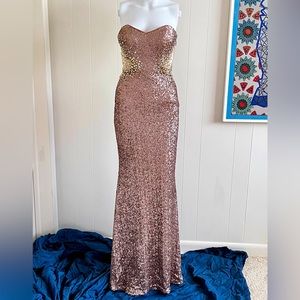 Bronze sequined strapless mermaid gown with mesh peek a boo detail. Sz 0
